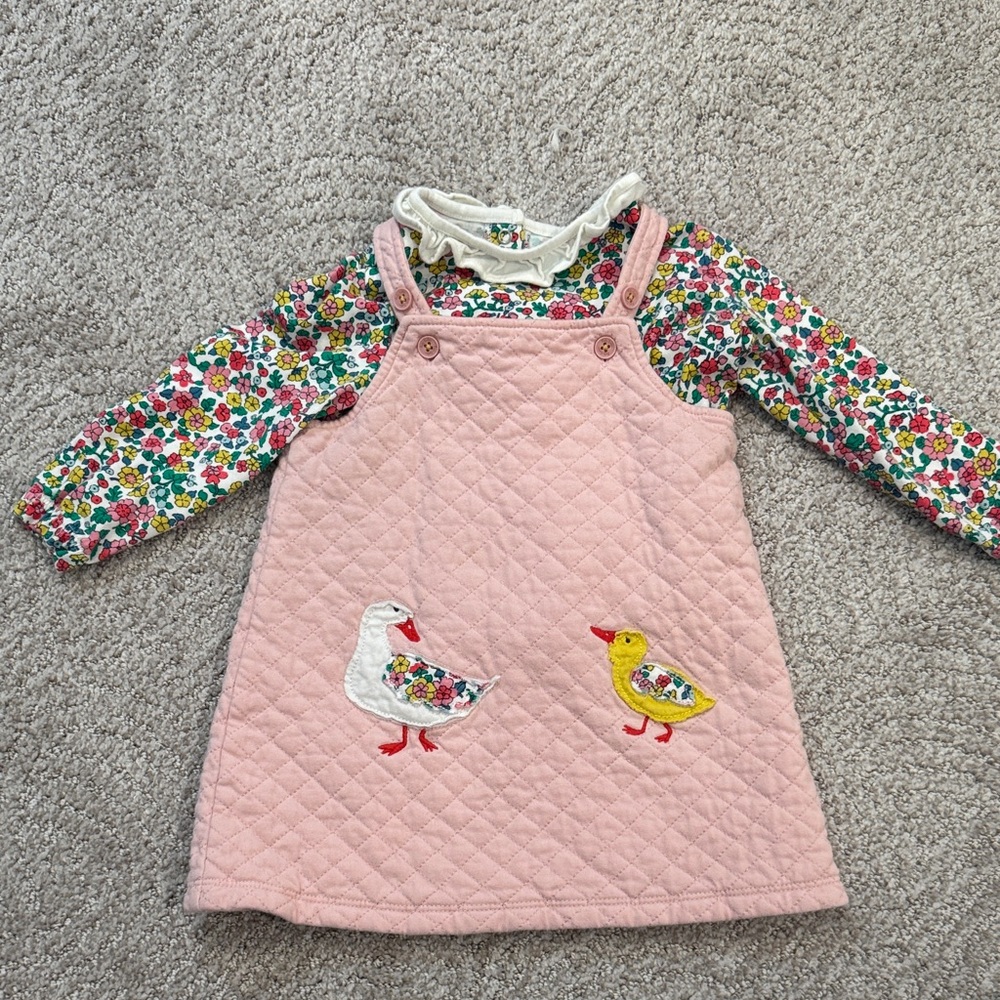 Baby Boden Pink Quilted Pinafore Dress with Duck Appliqués